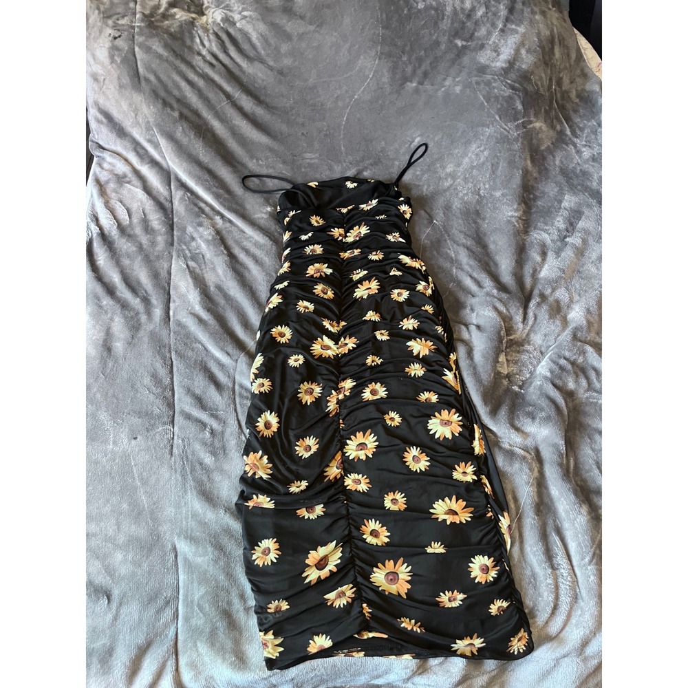 Popular 21 Sunflower Print Ruched Midi Dress Black Yellow Bodycon Side Slit L - Picture 4 of 4